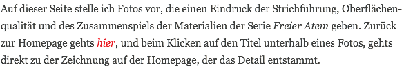Auf dieser Seite stelle ich Fotos vor, die einen Eindruck der Strichführung, Oberflächen-qualität und des Zusammenspiels der Materialien der Serie Freier Atem geben. Zurück zur Homepage gehts hier, und beim Klicken auf den Titel unterhalb eines Fotos, gehts direkt zu der Zeichnung auf der Homepage, der das Detail entstammt.