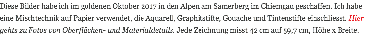 Diese Bilder habe ich im goldenen Oktober 2017 in den Alpen am Samerberg im Chiemgau geschaffen. Ich habe eine Mischtechnik auf Papier verwendet, die Aquarell, Graphitstifte, Gouache und Tintenstifte einschliesst. Hier gehts zu Fotos von Oberflächen- und Materialdetails. Jede Zeichnung misst 42 cm auf 59,7 cm, Höhe x Breite.